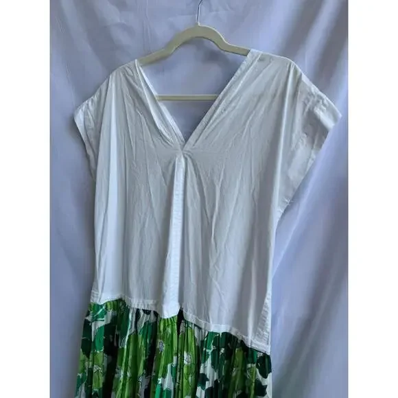 PLAN C x RTR Green Abstract Satin Pleated Cotton Blend Maxi Dress Size S